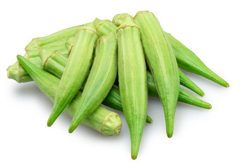 Fresh picked okra green seed pods isolated on white background. File contains clipping path.