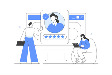 Job candidate having interview with HR manager. Job recruitment process. Online Job Interview. Recruitment Agency. Remote Work. Flat Cartoon Vector Illustration, icon. Stylish Abstract Modern