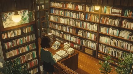 Fototapeta premium A cozy library scene with shelves full of book and a person reading at a wooden table.