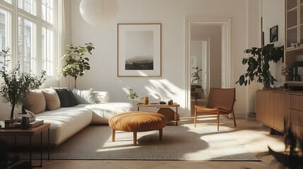 Sunlit minimalist living room with white sofa, wood furniture, plants, and neutral decor.