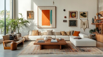 Modern living room with white sofa, wood furniture, and colorful artwork.