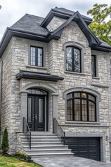 Fototapeta premium Modern Luxury Home with Gray Stone Facade, Black Trim, Arched Windows, Single-Car Garage in Suburb