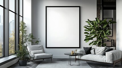 Modern living room interior with blank frame mockup, furniture, plants and city view.