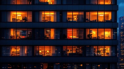 Urban office building illuminated at dusk with warm lights.