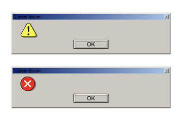 Old interface window with error messages. PC problems, web browser alert, software system bug. Program failure. Retro vector illustration.
