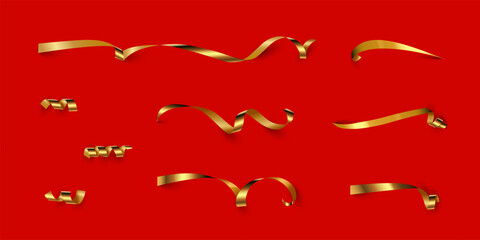 Gold curly ribbons. Golden serpentine isolated on red background. Yellow curl papers pieces for Christmas, birthday, wedding, party decoration.