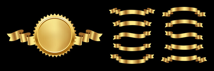 Gold medal with different horizontal ribbons. 3d realistic golden award vector set isolated on black background. Design elements for labels, certificates, badges, winners, sales, discounts, diplomas.