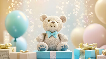 Adorable teddy bear among colorful gifts.