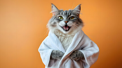 Gray cat in a towel on orange backdrop