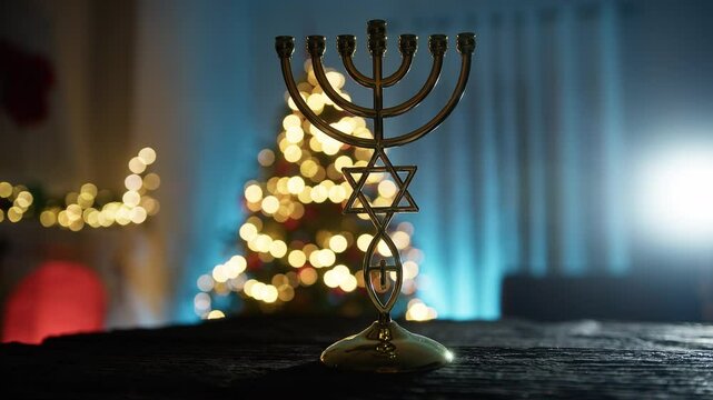 Silhouette Of Jewish Candlestick For Hanukkah With Christmas Tree Behind