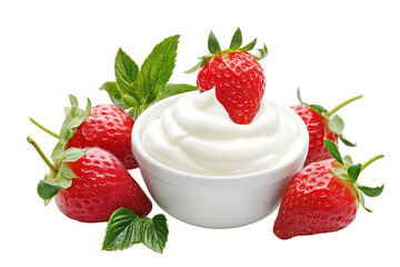A bowl of whipped cream and strawberries. on transparent background.