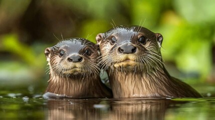 Fototapeta premium Baby Otter Peeking from Behind Parent in Water