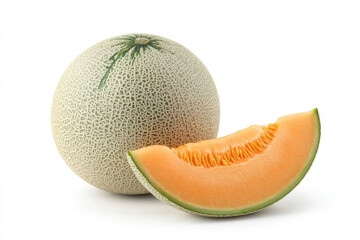Fresh cantaloupe melon with slice revealing juicy orange flesh