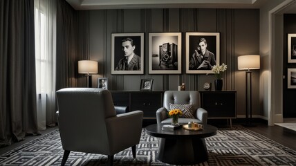 Elegant, dark-toned living room with armchairs, coffee table, and framed photos.