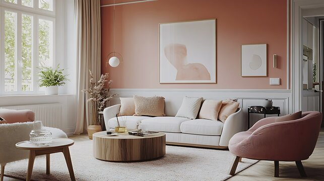 Stylish living room with pink wall, white sofa, and wooden coffee table.