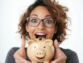 Happy woman with glasses joyfully holding piggy bank, expressing excitement about saving money. Her curly hair adds to cheerful vibe