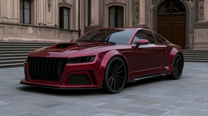 Luxury Sports Coupe Red Car Modern Design City Street Architecture