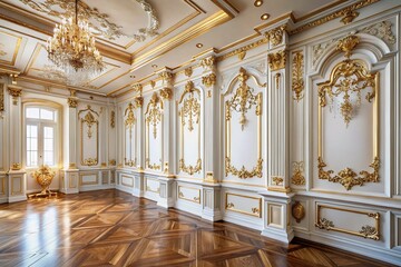 Obraz premium Luxurious Neoclassical Wall Design with Ornate Gold Trimmings and Elegant White Panels in a Grand Interior Featuring Long Exposure Effects for a Timeless Ambiance