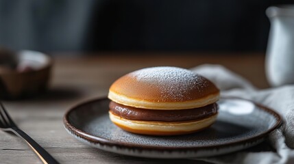 Deliciously Soft and Fluffy Japanese Style Pancake with Chocolate Filling on a Rustic Wooden Table Surrounded by Simple Cutlery and Cozy Atmosphere