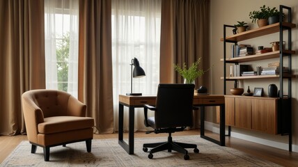 Here's a description and keywords for your image... Modern home office with wooden desk, chair, shelving, and armchair near window.