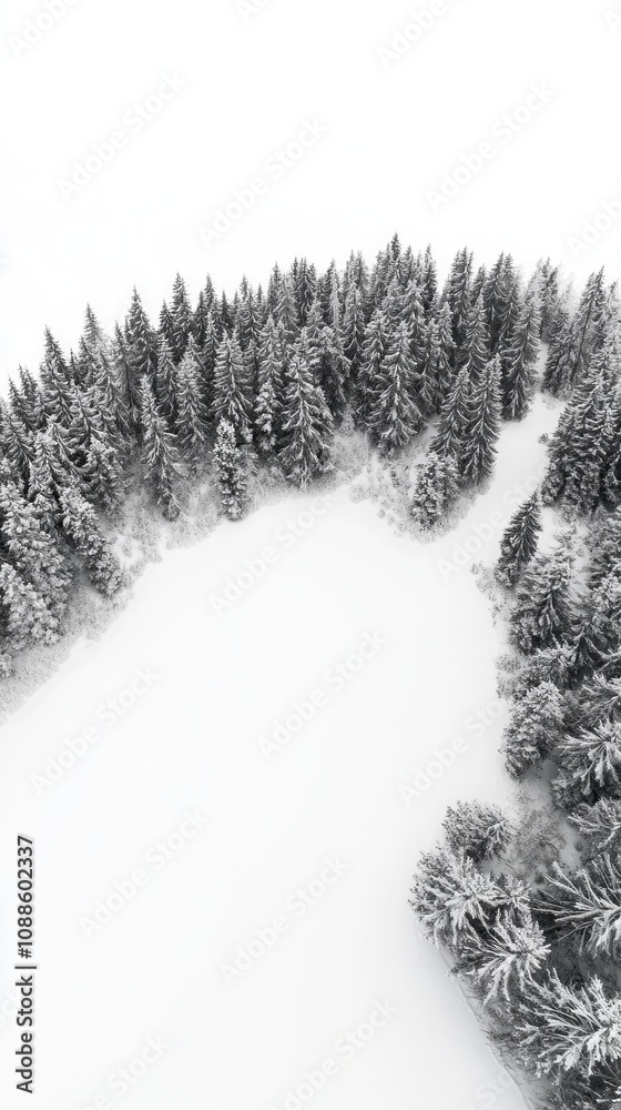 Poster a snowy forest with trees and a white background