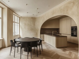 Fototapeta premium A kitchen with a large archway and a round table with black chairs