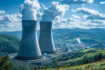 Cooling towers of a nuclear power plant towering over a lush green landscape on a sunny summer day.