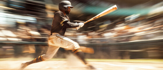 Dynamic baseball player swings bat to connect with ball in action-packed stadium setting during a game
