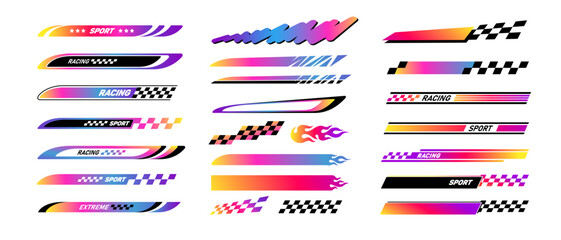 Holographic Racing sport Stripes and flames stickers decals set 3. Sports racing flags stickers design. Sport car and motorbike elements. Vector stickers collection for motorsport and racing event © VRTX
