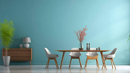 Modern Dining Room Interior Teal Wall Wooden Table White Chairs