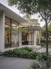 Fototapeta premium Modern Contemporary Home with Floor-to-Ceiling Windows and Beautiful Landscaping