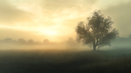 Fototapeta premium Misty Sunrise Landscape with Solitary Tree