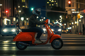 A person in a leather jacket and helmet rides an orange scooter through a city street at night, illuminated by the vibrant lights of cars and streetlamps.