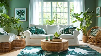 White sofa, wicker furniture, and lush plants create a calming, tropical-inspired living room.