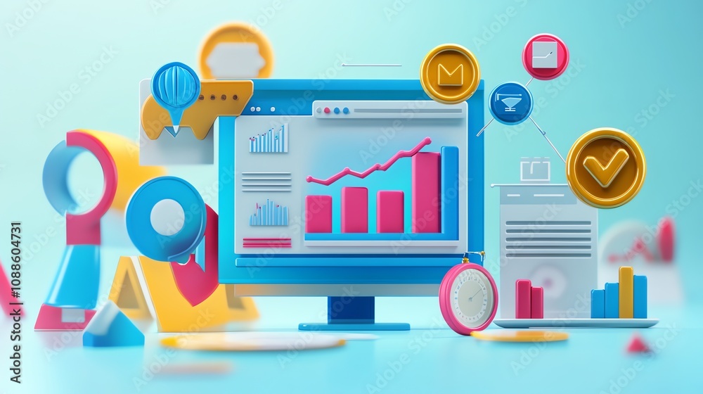 Poster 3d rendering of a computer monitor displaying a graph with icons around it.
