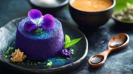 Delicate purple dessert with edible flower atop, presented elegantly on a black plate, accompanied by rich sauce and garnishes, perfect for culinary artistry and gourmet photography.