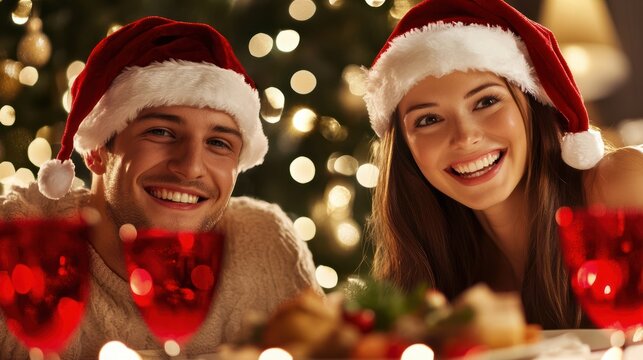 holidays, celebration and people concept - happy smiling friends having christmas dinner at home in evening