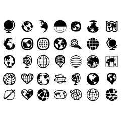 Set of flat world icons, Earth icons, set of hemispheres with continents, globe with world map in black on white background