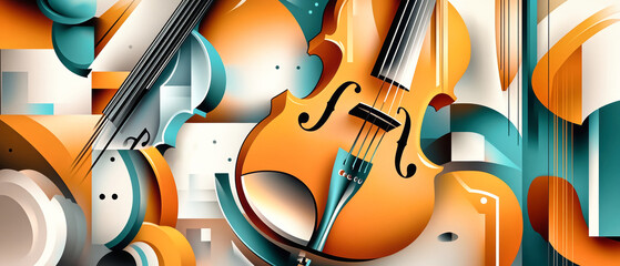 Abstract music poster featuring a violin, bass, and drum amidst warm geometric shapes and brush strokes in a harmonious design