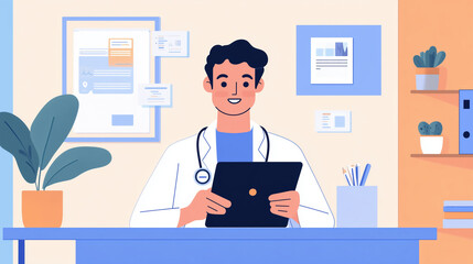 2D illustration of Man Engages with Telemedicine Application on Tablet Displaying Floating Health Data in Modern Home Office for Virtual Care Access