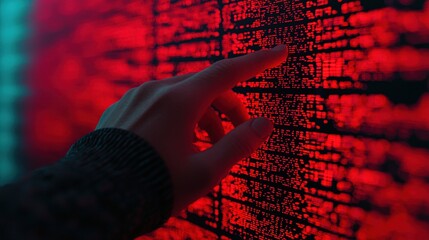 Futuristic Data Analysis Hand Interacting with Glowing Red Code