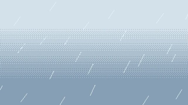 Pixel art rain fall animation on blue gradient background, Motion graphics of rain drops falling backdrop, retro video-game style seamless loop animated video.