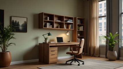 Modern home office with wooden desk, chair, shelving, plants, and large window.