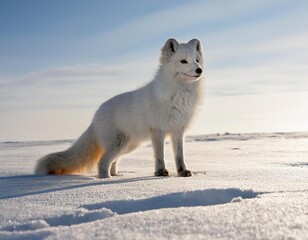 Obraz premium Arctic fox standing on snow during sunny winter day