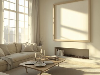 Fototapeta premium A living room with a white wall and a large picture frame