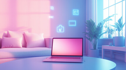 Fototapeta premium Virtual Healthcare Consultation Using a Laptop in a Modern, Bright Living Room with Digital Health Symbols Representing Telemedicine Services