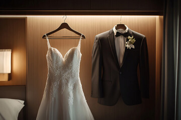 wedding dress and male suit on hangers