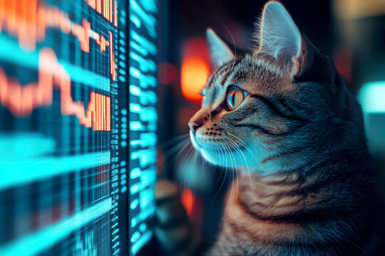 A cat observing digital data on a computer screen. - Powered by Adobe