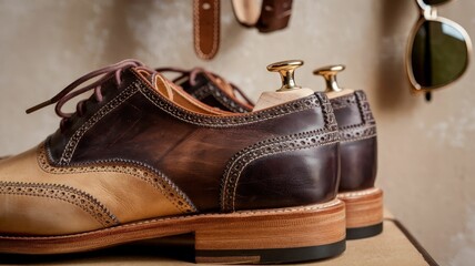 A stylish pair of leather shoes with contrasting colors and classic detailing, displayed alongside accessories like sunglasses and belts.