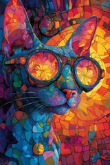 Colorful Cat Portrait, Abstract Art, Vibrant Colors, Feline, Pet, Animal Artwork, Modern Art